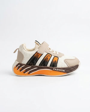 Close top view of navy kids strap sneakers with patterned white uppers