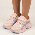 Front view of pink kids chunky sneakers with strap, laces and lavender accents