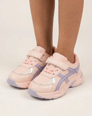 Front view of pink kids chunky sneakers with strap, laces and lavender accents