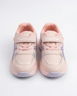 Pair of pink kids sporty sneakers showing strap and closed toe