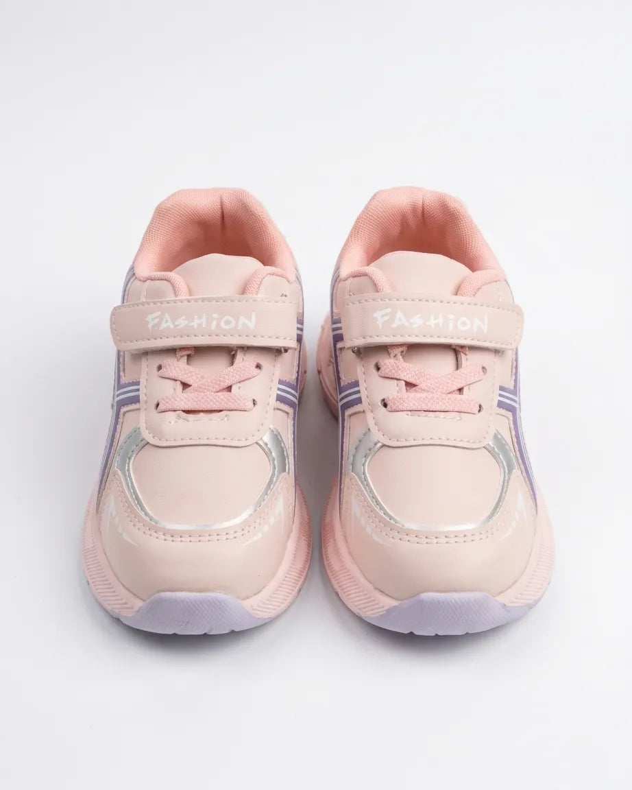 Pair of pink kids sporty sneakers showing strap and closed toe