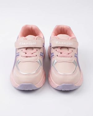 Back of pink kids sneaker with lavender heel panel and chunky sole