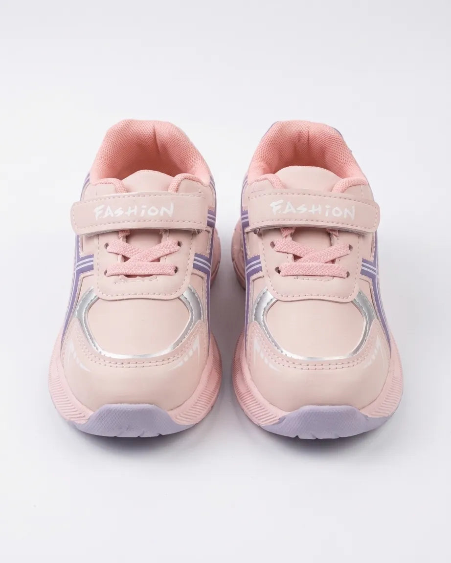 Back of pink kids sneaker with lavender heel panel and chunky sole