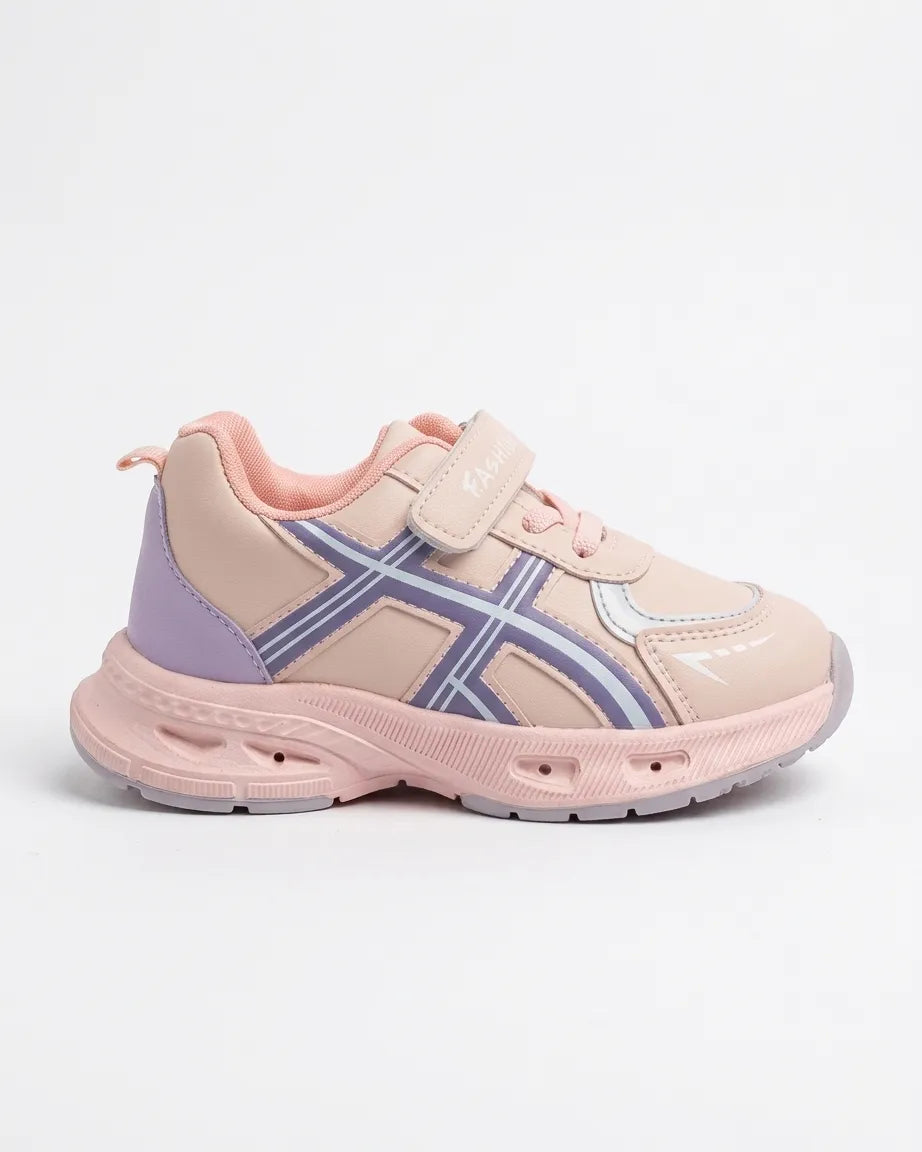 Side profile of pink kids chunky sneaker with lavender side panels and strap