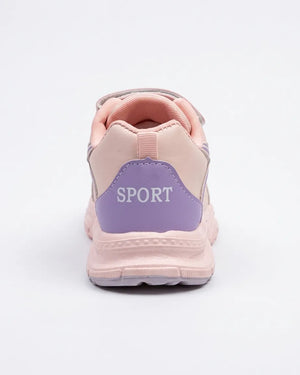 Front view of beige kids chunky sneakers with strap, laces and dark side accents