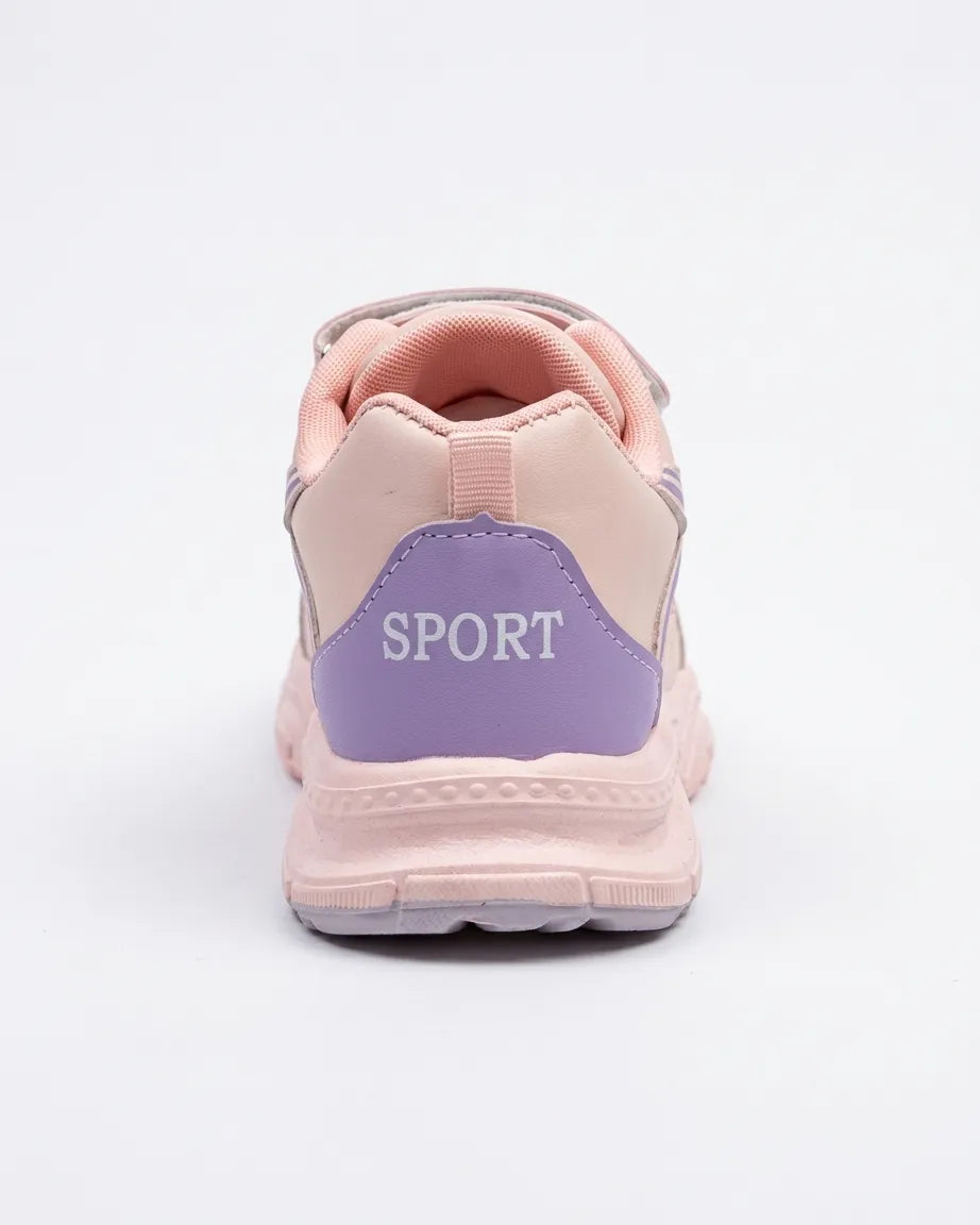 Front view of beige kids chunky sneakers with strap, laces and dark side accents