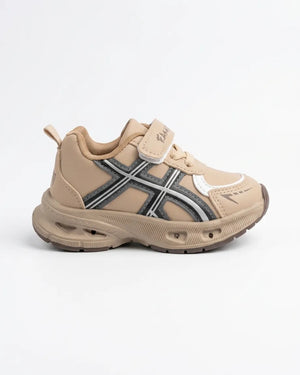Pink kids sneaker rear view with lavender heel detail