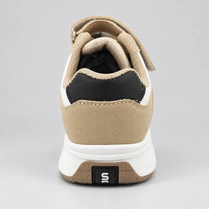 Back view of PrimeBee kids sneakers in beige, white and black with tan outsole