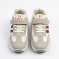 Side view of grey and cream Prime Step kids' sneaker with burgundy stripes and a hook-and-loop strap