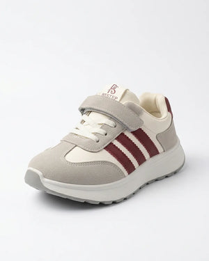 Rear view of Prime Step kids' grey sneaker showing burgundy heel panel and textured sole