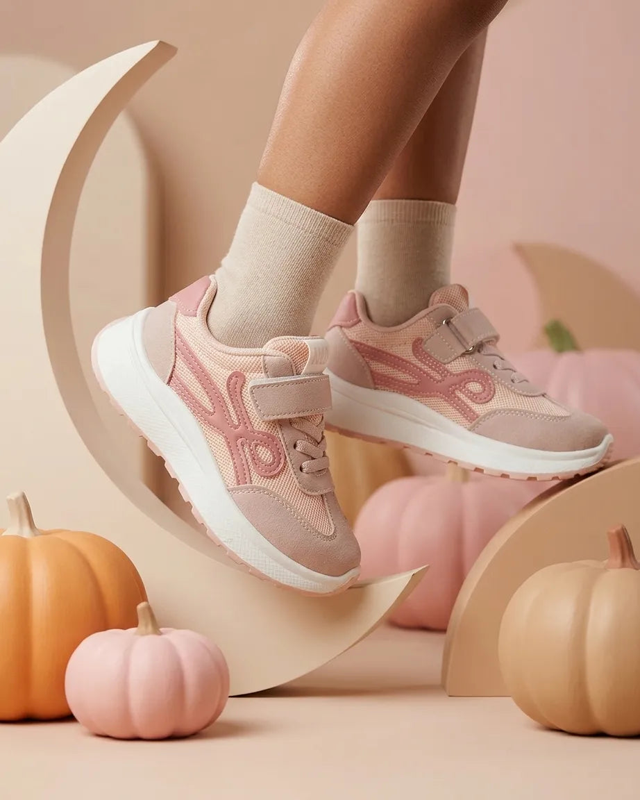Pink girls' sneakers with lace-up front, strap and white chunky sole worn on foot