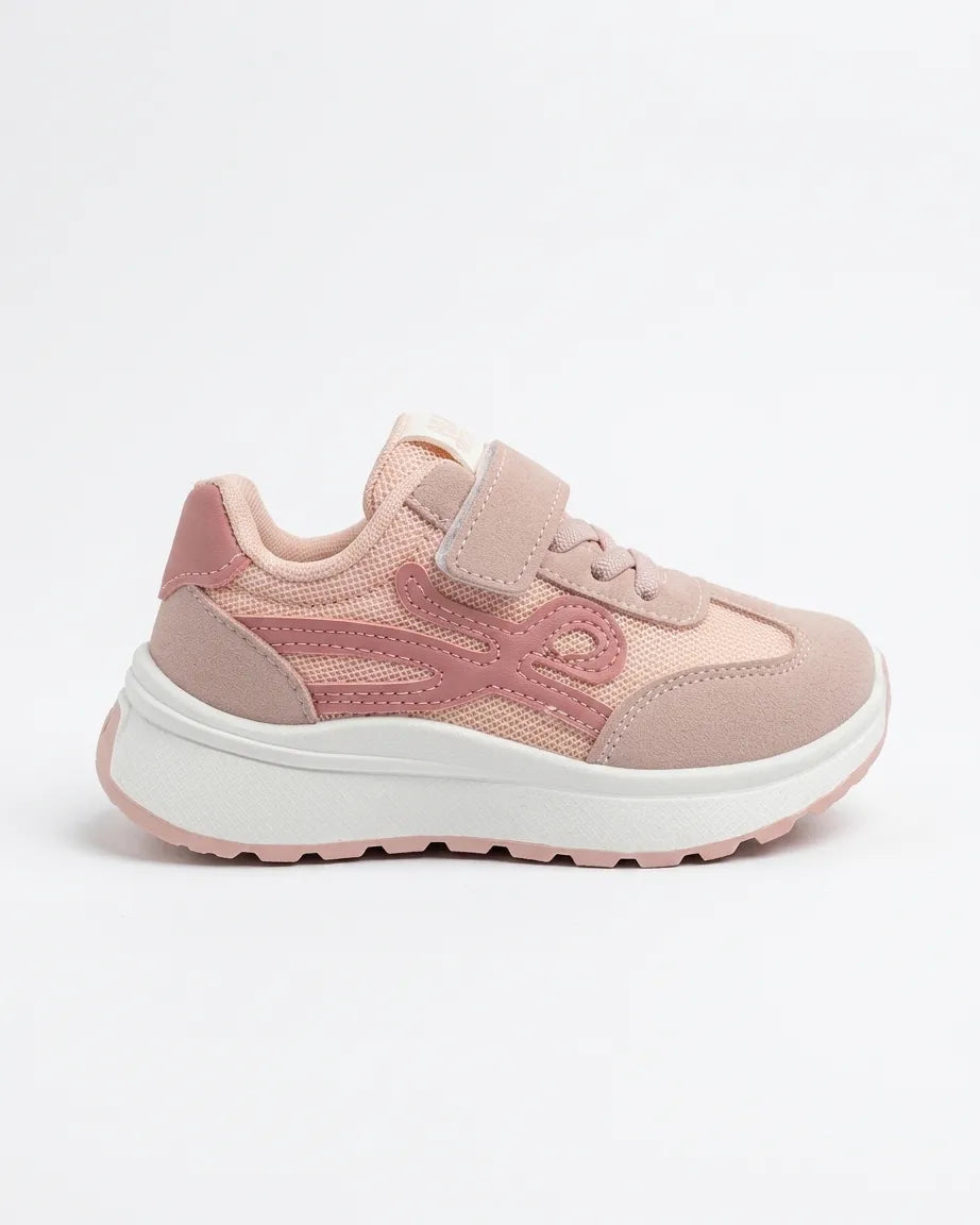 Rear view of pink girls' sneaker showing padded collar and white sole