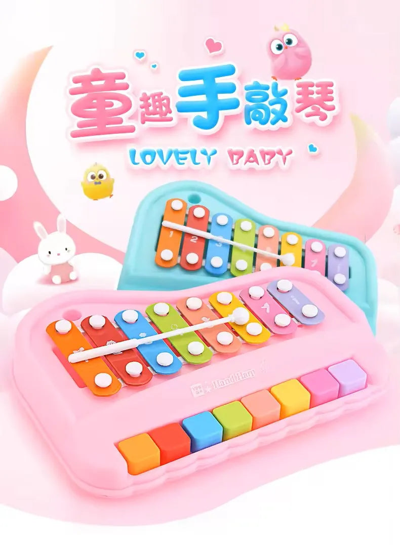 Colorful kids xylophone piano toy with multitone bars, blue casing, two mallets