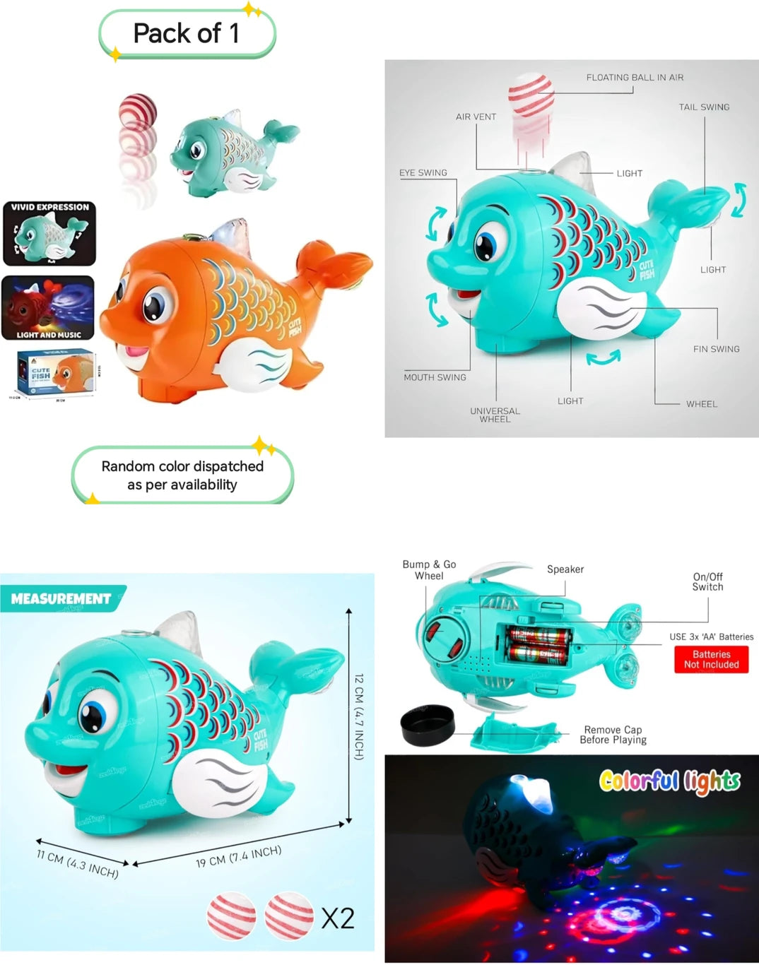 Floating ball fish toy packaging showing teal fish and labeled light-up features