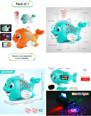 Floating ball fish toy packaging showing teal fish and labeled light-up features