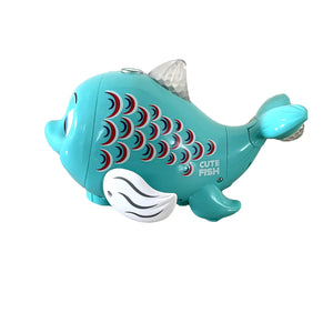Teal floating ball fish toy with smiling face, dorsal fin, and colorful scale decals