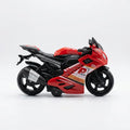 Kids friction sport motorcycle toy bike, red with black wheels, side graphics, and exhaust