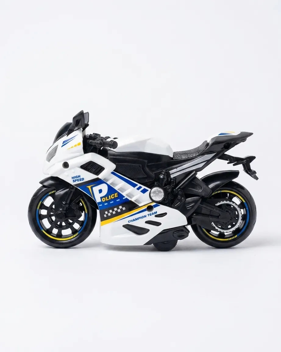 Kids friction sport motorcycle toy bike, white with blue decals, black wheels, and handlebars
