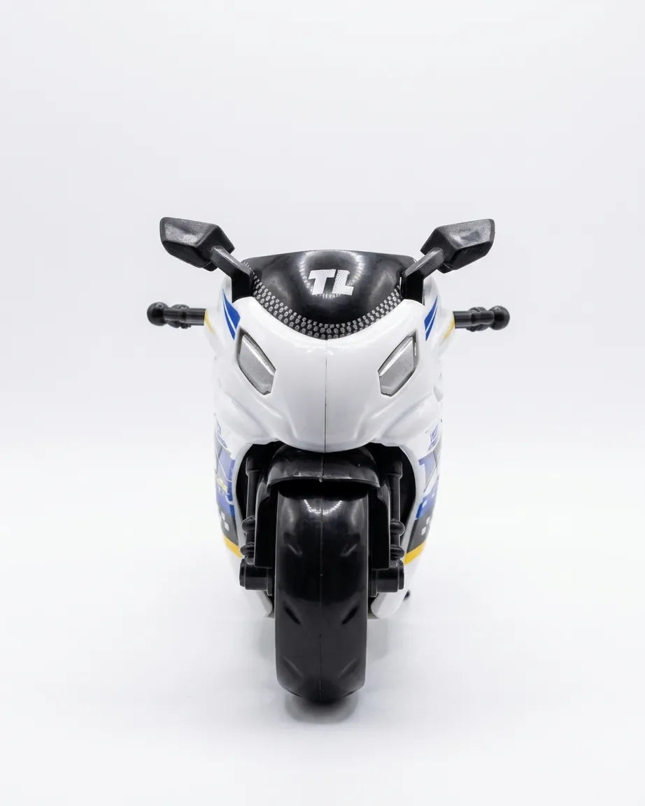 Kids friction sport motorcycle toy bike, white with blue stripes and black front wheel