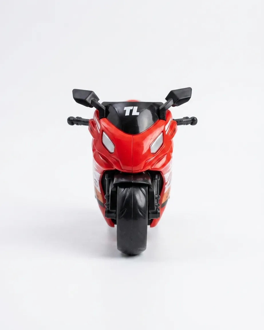 Kids friction sport motorcycle toy bike, red with black front wheel and sporty decals
