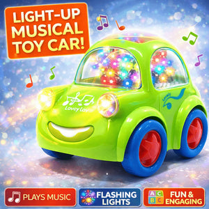 Green light-up musical toy car with colorful flashing windows and smiling face
