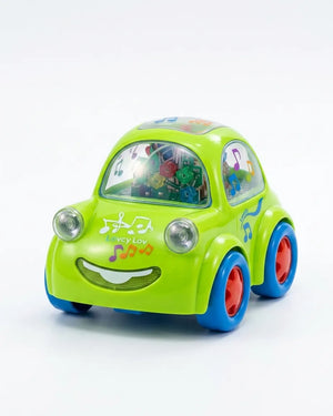 Green light-up musical toy car with blue wheels and smiling grille, front view