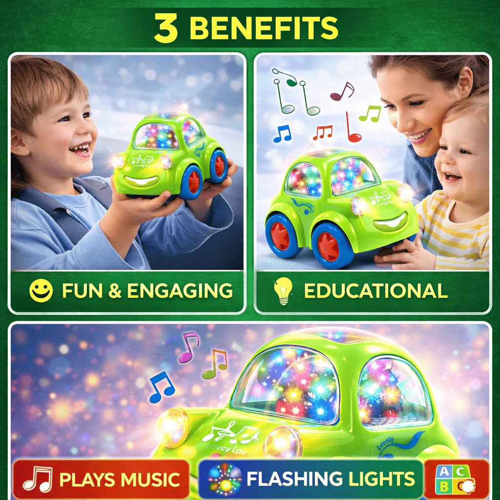 Green musical toy car featuring flashing lights, music, and colorful light-up windows