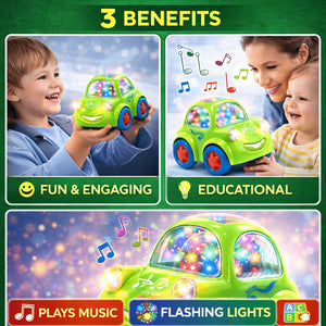 Green musical toy car featuring flashing lights, music, and colorful light-up windows