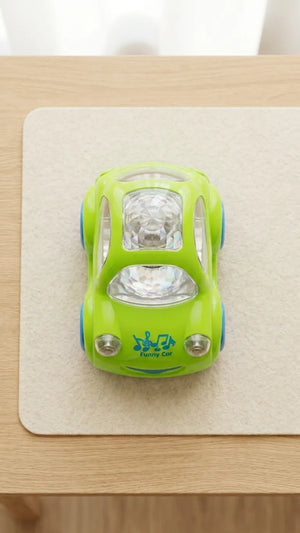 Green toy car top view with clear light dome on a wooden tabletop