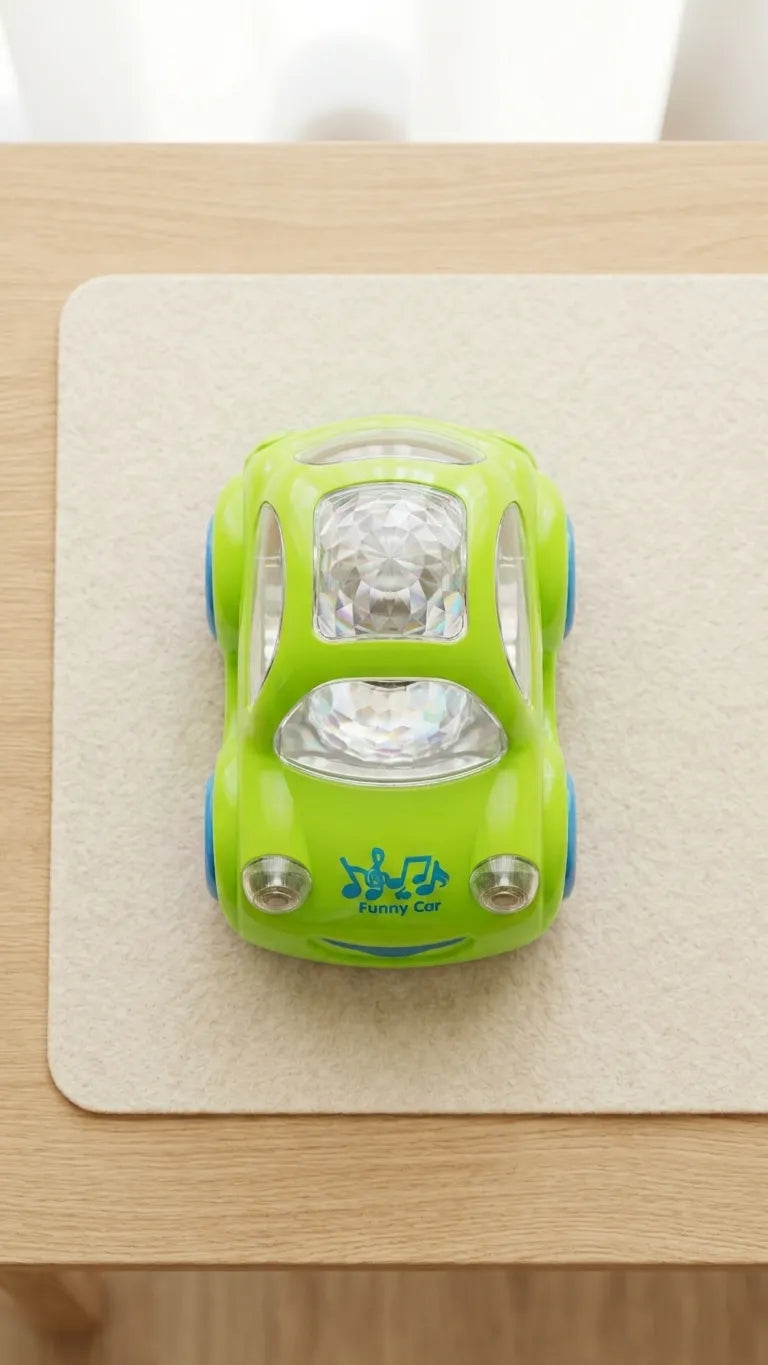 Green toy car top view with clear light dome on a wooden tabletop