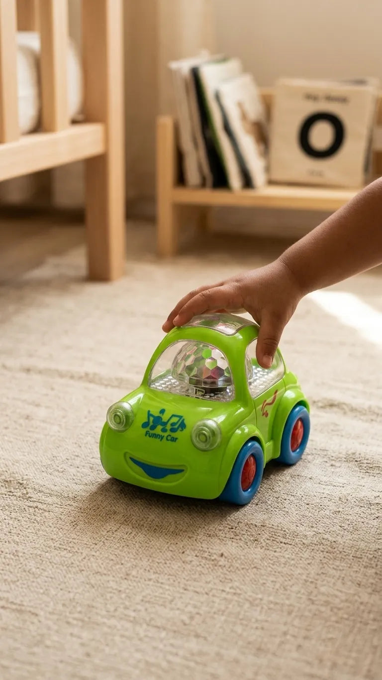 Green light-up musical toy car on carpet being picked up by a hand
