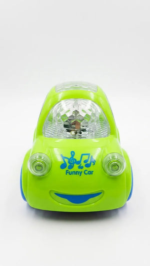 Green front toy car with clear light dome and small speaker details, close-up