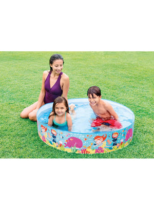 Kids round inflatable pool with colorful ocean-animal print, children playing