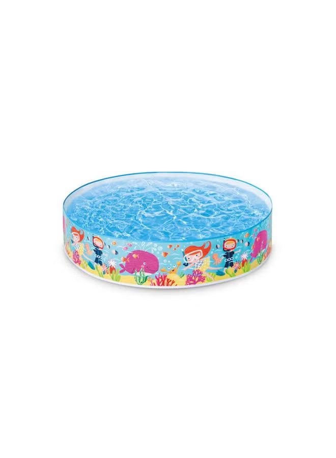 Round inflatable kids pool with colorful ocean-animal print and clear blue water