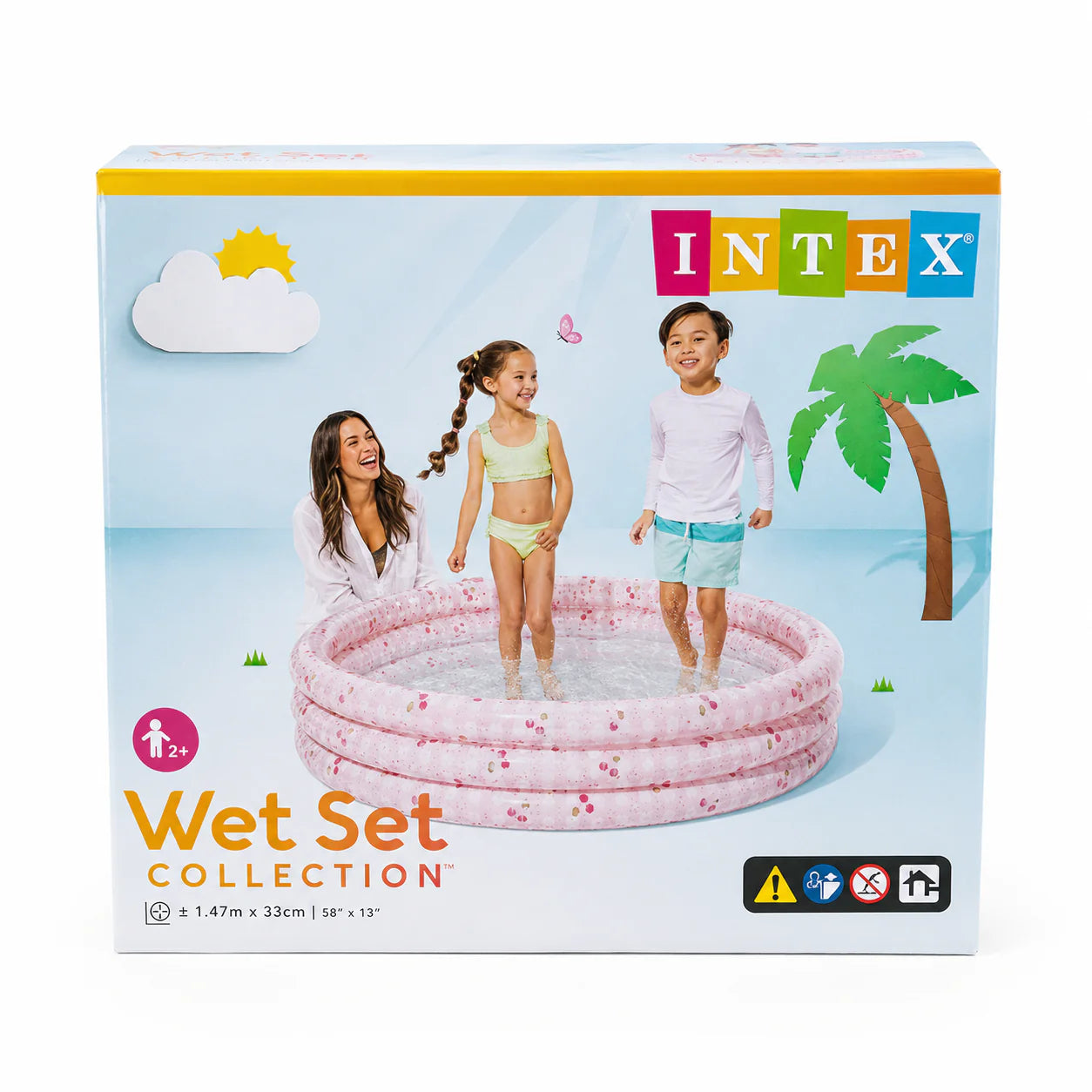 INTEX Wet Set Collection inflatable pool box showing kids and pool graphic, 58 x 13 in