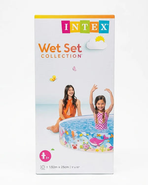 Kids inflatable pool product box with INTEX Wet Set title and sea animal graphics