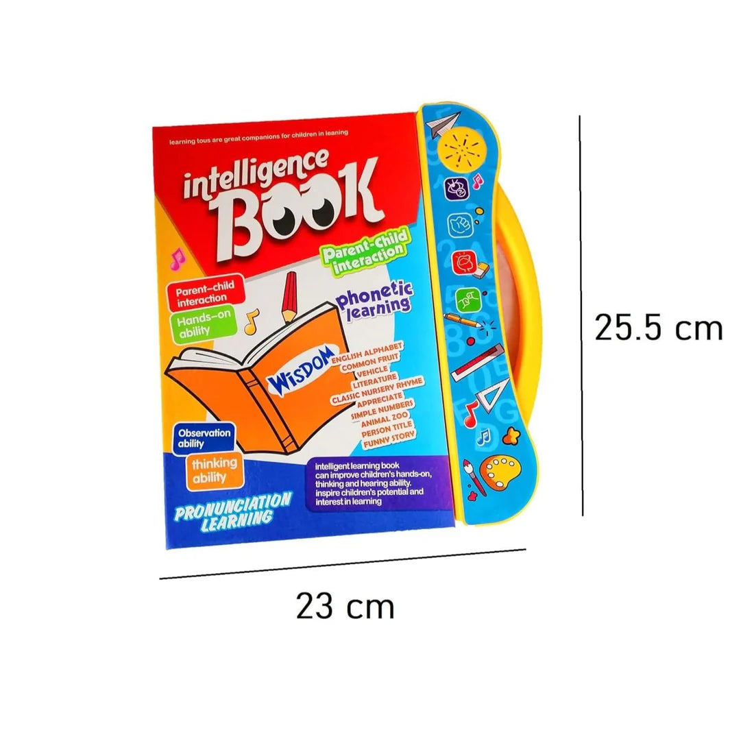Red learning book cover with blue side tab and size 23 x 25.5 cm
