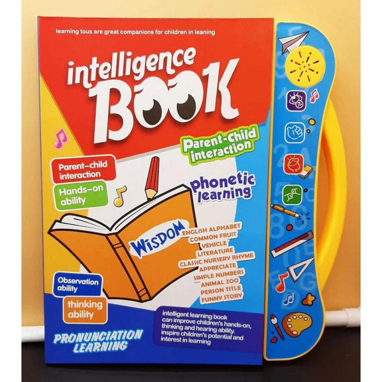 Children's intelligence learning book cover with open book graphic and music icons