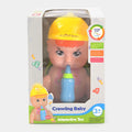 Crawling baby interactive toy in box, blonde cap, blue bottle, 3+ age label