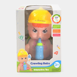 Crawling baby interactive toy in box, blonde cap, blue bottle, 3+ age label