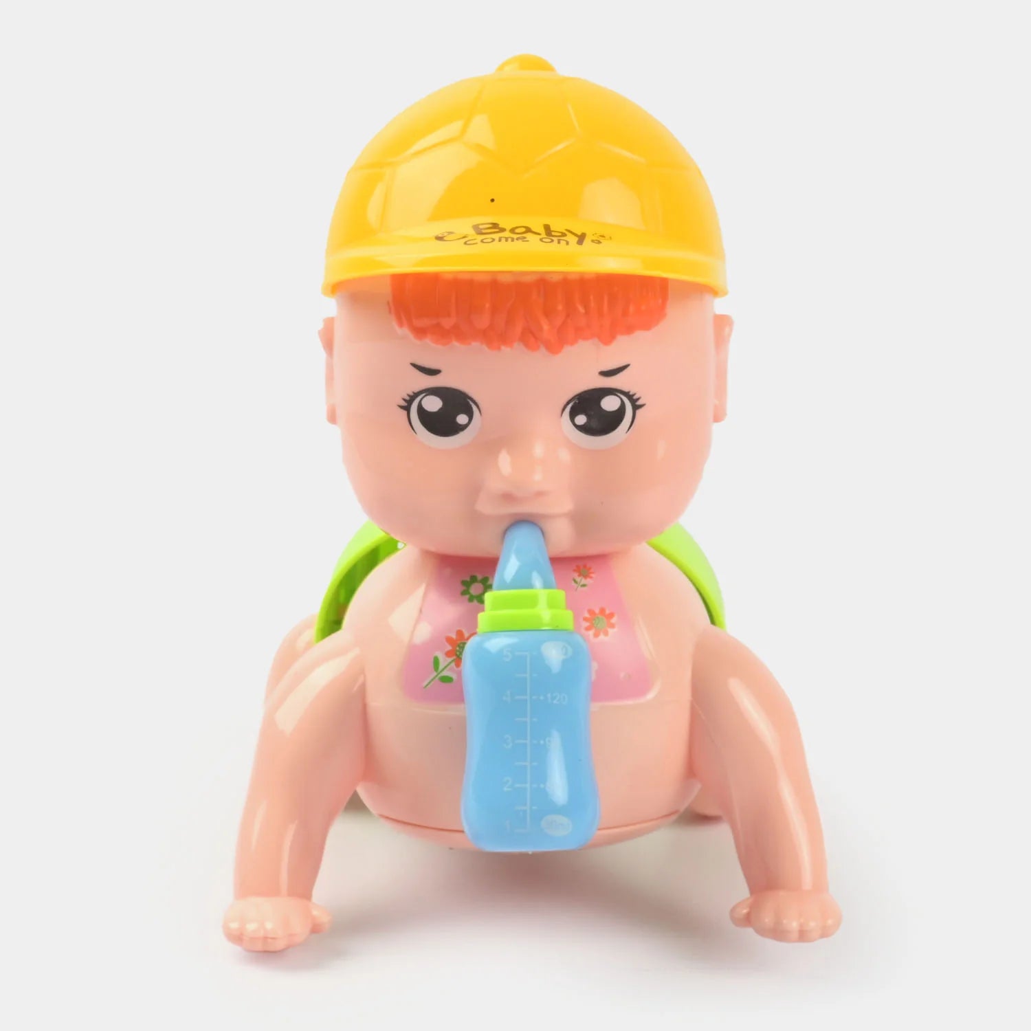 Crawling baby toy figure, yellow hat, blue bottle accessory, crawling pose