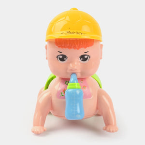 Crawling baby toy figure, yellow hat, blue bottle accessory, crawling pose