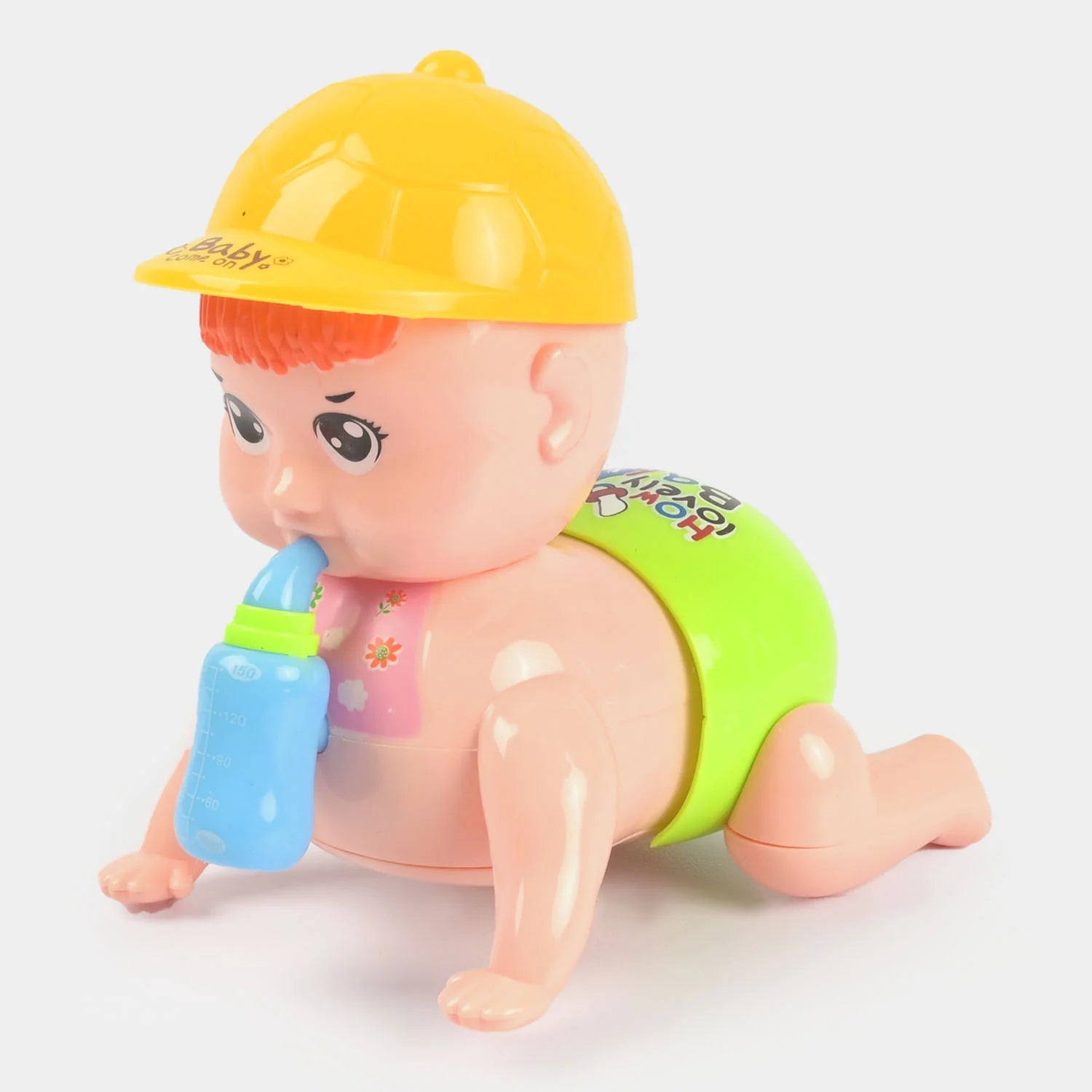 Crawling baby toy figure, yellow hat and blue bottle, green back panel, side pose