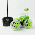Kids RC stunt car with remote controller; green wheels, clear body, LED lights