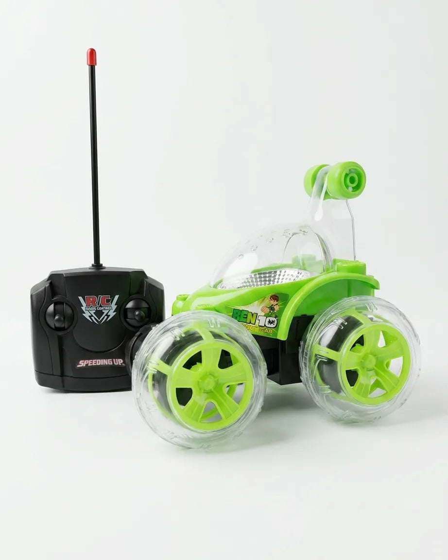 Kids RC stunt car with remote controller; green wheels, clear body, LED lights