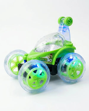 Kids green RC stunt car with clear body, glowing LED wheels and light accents