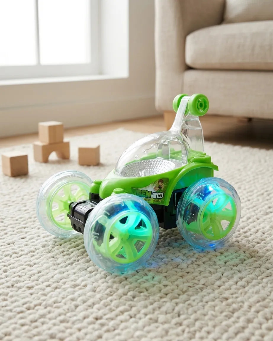 Kids RC stunt car with green and clear wheels, LED lights, compact stunt design