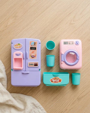 Kids kitchen toy set with mini purple fridge, pink washer, teal cups and tray