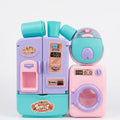 Kids kitchen toy set: purple refrigerator with teal top and pink washer play unit