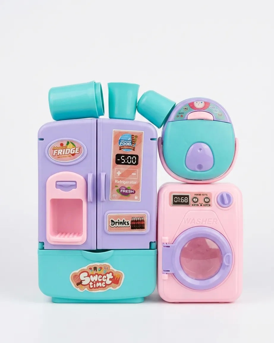 Kids kitchen toy set: purple refrigerator with teal top and pink washer play unit